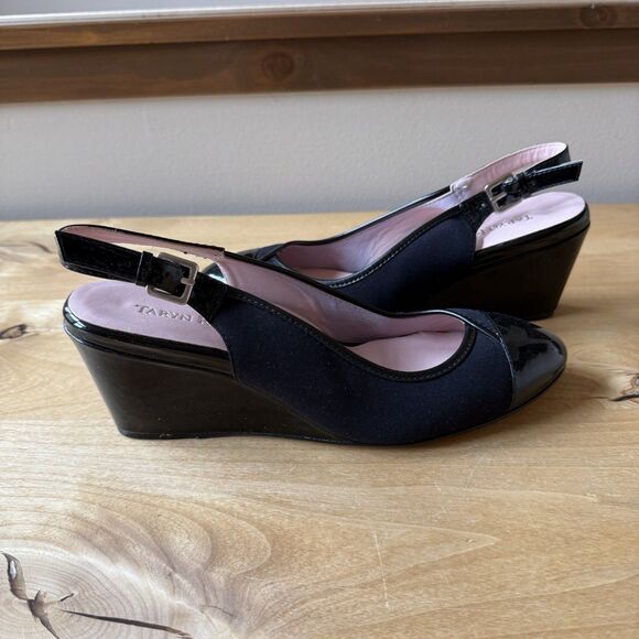 TARYN ROSE KARINE MULE WEDGE SLINGBACK SHOE PATENT LEATHER TOE ADJ STRAP 9M - Picture 2 of 11